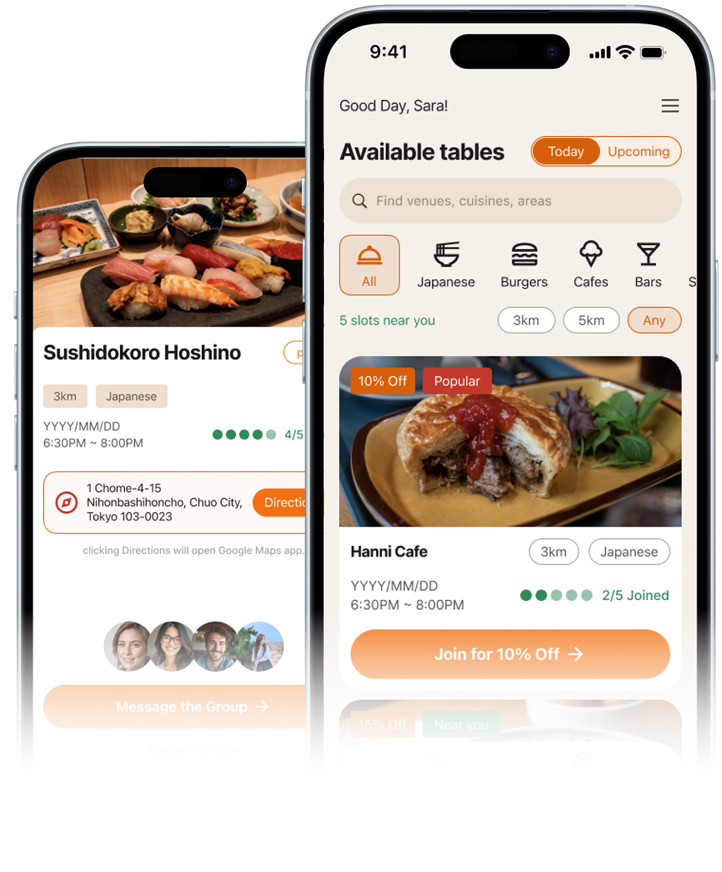 Two phone screens showing the Forkers app: a list of available restaurant tables to join, and a booked table with its group chat