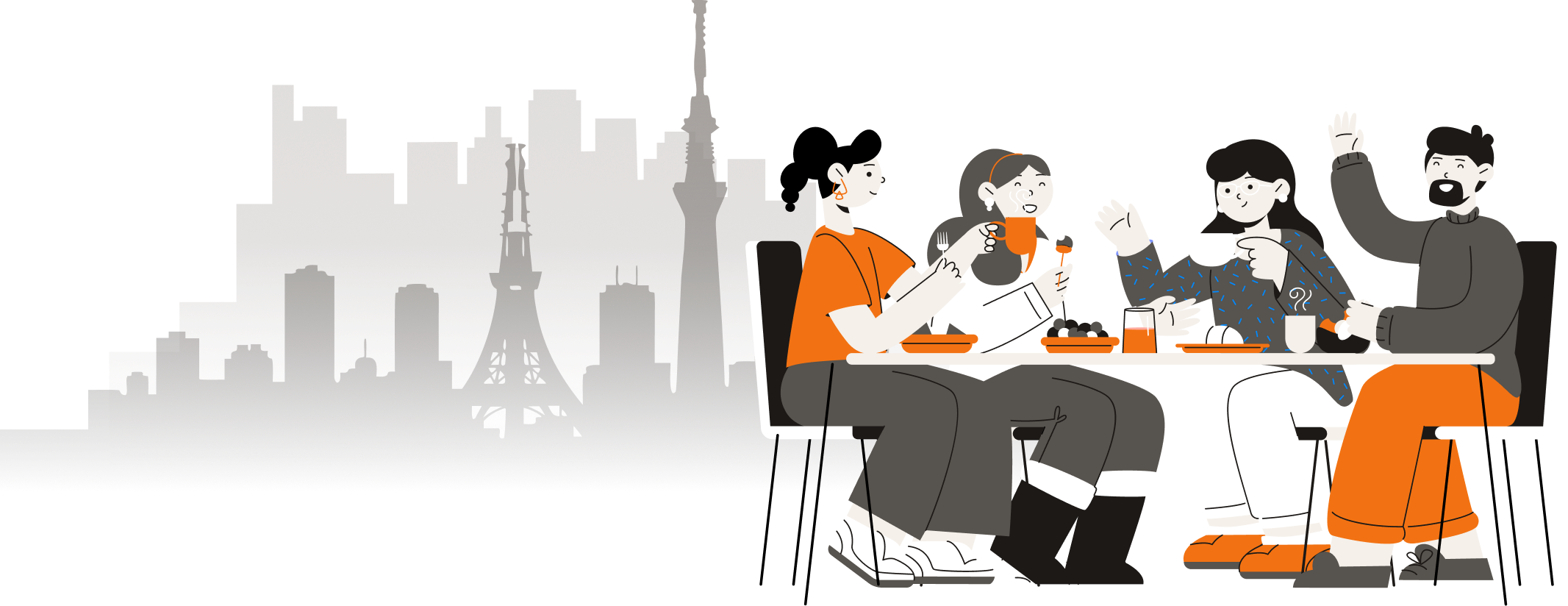 Four friends laughing and sharing a meal around a restaurant table, with a soft city skyline behind them